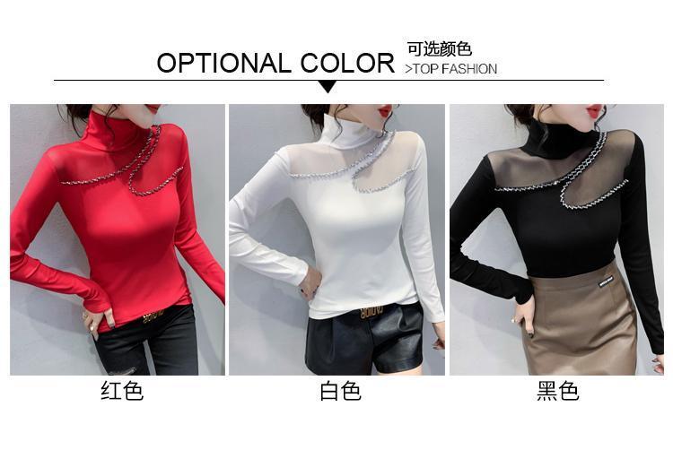 Product Introduction of Áo Mỏng Cho Nữ, Cổ Lọ European Station, Khâu Lưới, Thiết Kế khoét Dài Tay, Dáng Ôm, Hàng Mới Về Năm 2024, Thích Hợp Cho Mùa Thu Và Mùa Đông, Có Dát Kim Cương Top Women Sơ Mi Shirt 8