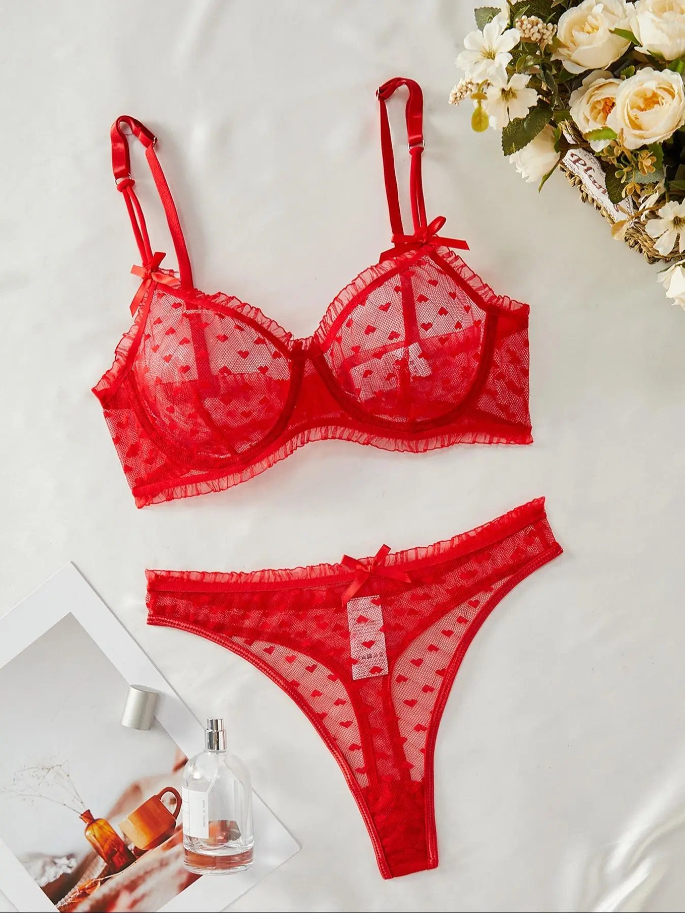 Women's Heart Print Lace Underwire Bra & Thong Sexy Lingerie Set, Push Up Bra & Panty, Lingerie Set for Women