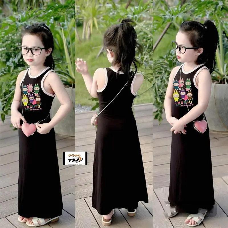 Đầm maxi ba lỗ thun tăm in hình LABUBU,KUROMI siêu đáng yêu cho bé gái diện đi học , đi chơi