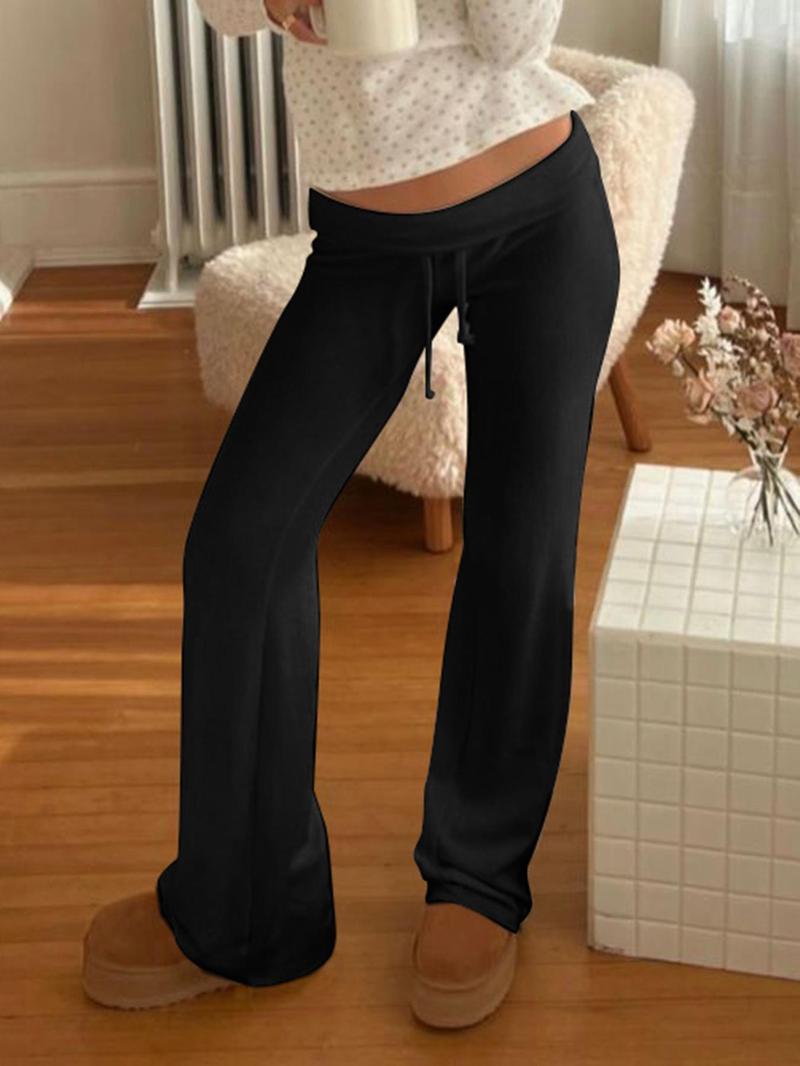 Product Introduction of Women's Solid Drawstring Foldover Waist Straight Leg Pants, Pants for Women, Fashion Casual Drop Waist Trousers, Trousers for Women, Women's Bottoms, Back To School Clothes,  Winter Outfits 7