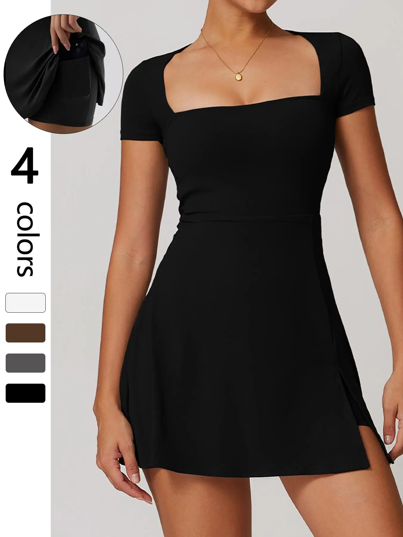 Sporty Women's Plain 2-IN-1 Split Thigh Built-In Shorts Sports Dress, Sports Short Sleeve Square Neck Pocket Dress for Tennis Golf, Ladies Sportswear for All Seasons
