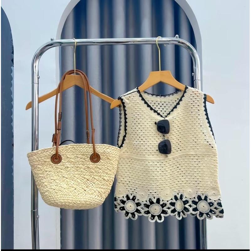 Áo ba lỗ nữ len dệt kim viền hoa xinh xắn mặc đi biển đi chơi xinh xắn hàng QC