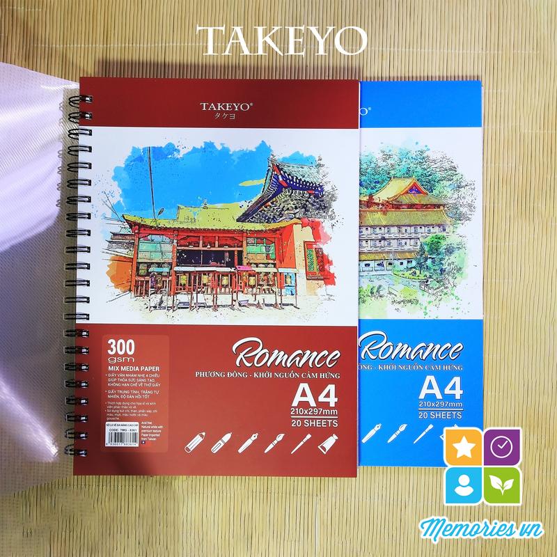 Sổ giấy vẽ Takeyo 300gsm A3, A4, A5 lò xo, vẽ màu nước vân mix, 200gsm, 160gsm bìa ngẫu nhiên - Vở giấy cứng, dày, Tập Vẽ, tô màu, nghệ thuật sáng tạo, mỹ thuật, hội họa, sketchbook