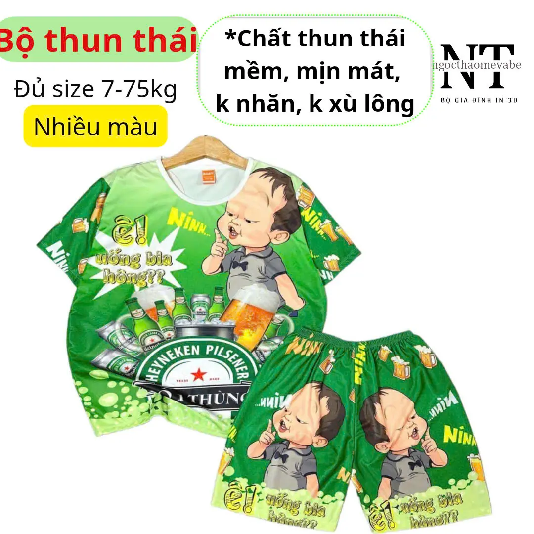 Đồ bộ thun mẫu BIA ĐÔ 1 THÙNG chất thun thái in 3D mềm mịn mát, k nhăn, k xù lông mặc được cho bé gái cho cả gia đình   Nữ Women Top Quần Ngủ