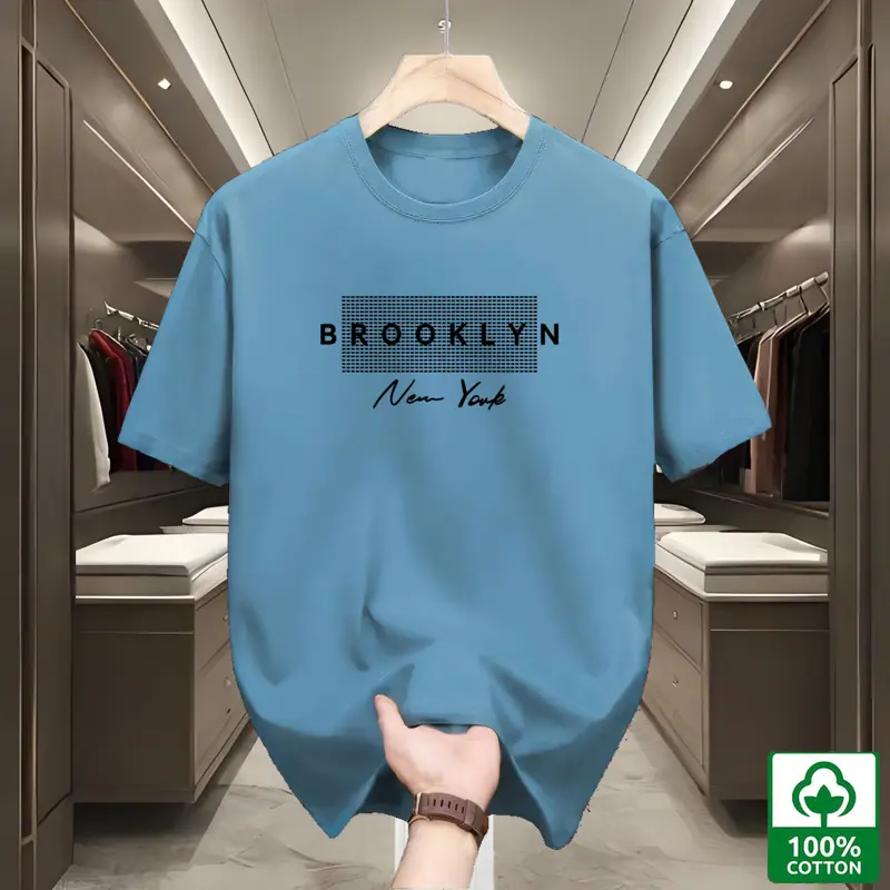 Áo Thun Cổ Tròn Thời Trang Nam, 100% Cotton, ngắn Tay Thoải Mái Và Thoáng Khí, Phong Cách Dễ Phối Đồ Thường Ngày Thích Hợp Cho Mùa Hè, Cỡ M-XL, Ngoại Cỡ, Có Màu Xanh Lá Cây, Hồng, Tím Và Trắng, In " NewYork " 4