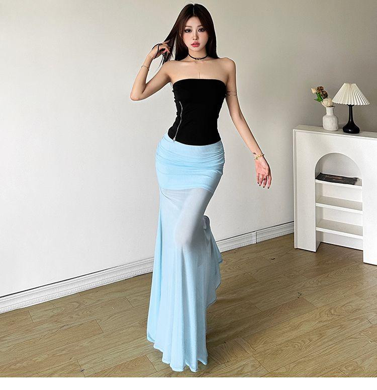 Product Introduction of 2025cutenew Sweet Cool Wind Mist Elegant Light Yarn All-Match Fishtail Skirt Women's Zip Tube Top Slimming Vest Short Top 15