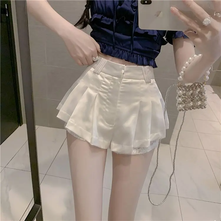 OOTD Hot Girl Lace Culottes Women's Autumn New High Waist Slimming Temperament Super Short Shorts Casual All-Matching Short White Pants