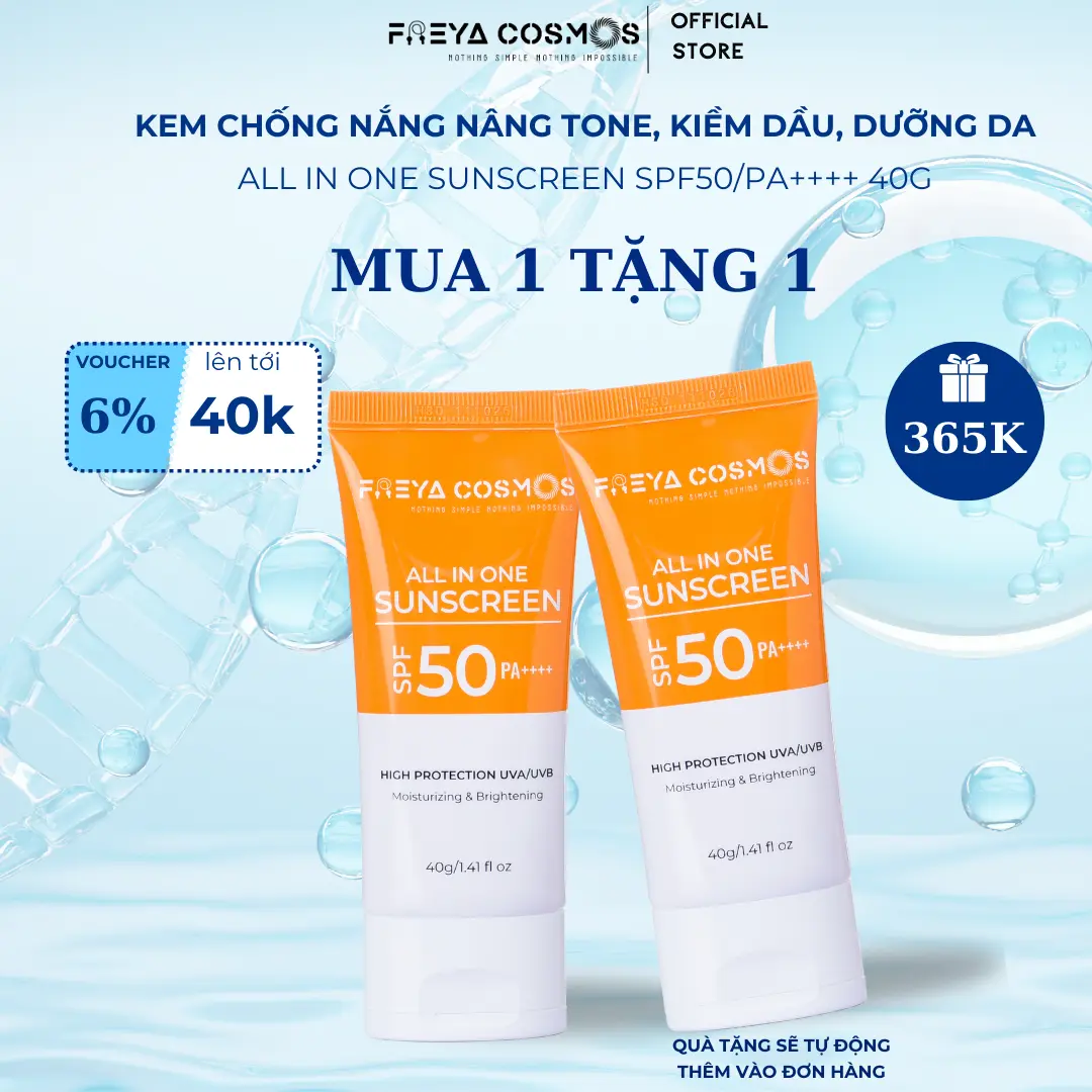 [Mua 1 Tặng 1] Kem Chống Nắng Nâng Tone, Kiềm Dầu, Dưỡng Da - Freya Cosmos - All in One Sunscreen SPF50 PA++++ 40gr SunCream - Skincare Nữ Chăm Sóc Da Women