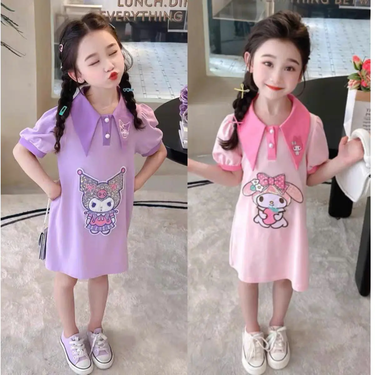 Váy đầm Kuromi mùa hè chất cottong mềm mát cho bé gái 8-26kg ( hồng, tím)