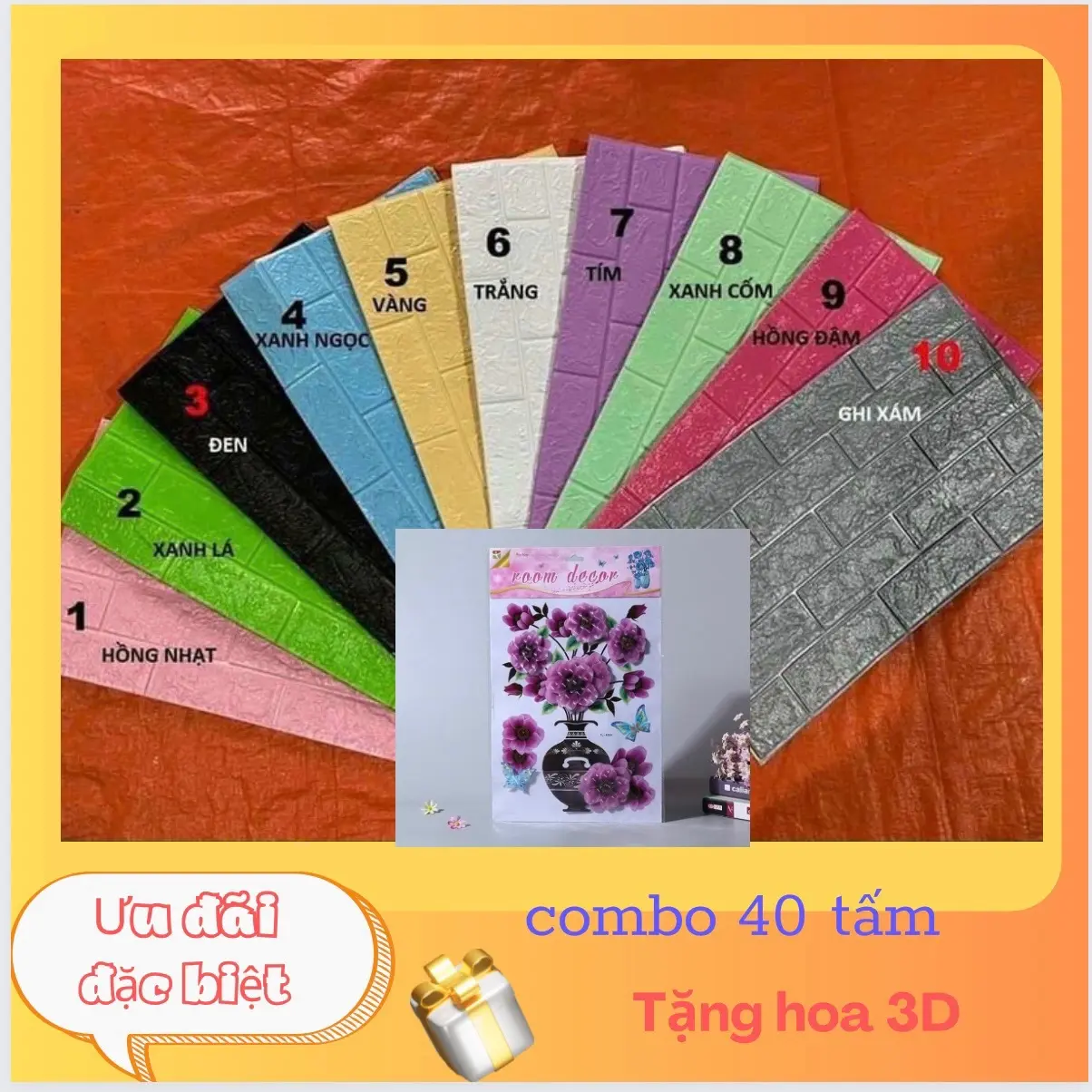 (Tặng hoa 3D )Siêu phẩm 40 tấm xốp dán tường nhiều màu kích thước 70 cm x 40 cm