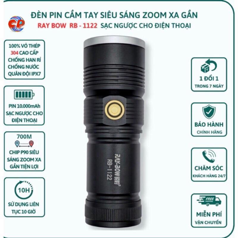 Đèn pin cầm tay siêu sáng RAY BOW 1122 chiếu xa 500 mét có ZOOM xa gần chống nước sạc ngược cho điện thȯại xiaomi nextool xhp502