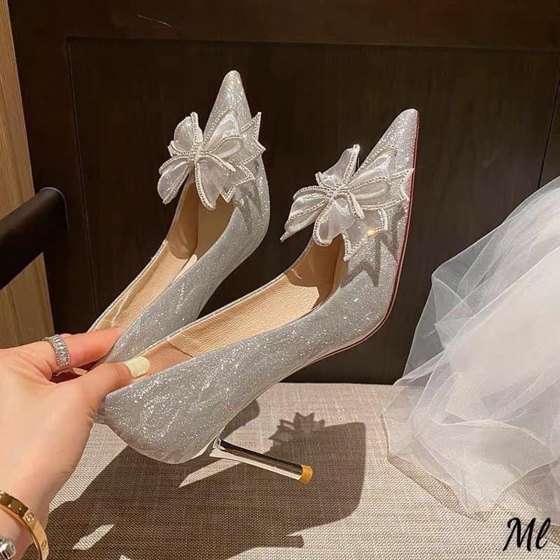  Giày cao gót V16 Bạc nhũ Nơ viền đá gót nhọn 9p - Phom to 1.5 Nữ Shoes Đế Cao 
