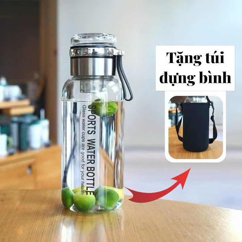Bình Nước Thủy Tinh [Tặng Túi Đựng] Dung Tích 1000 ML Chịu Nhiệt Tốt Có Lõi Lọc Trà Không Rò Rỉ Nước 0