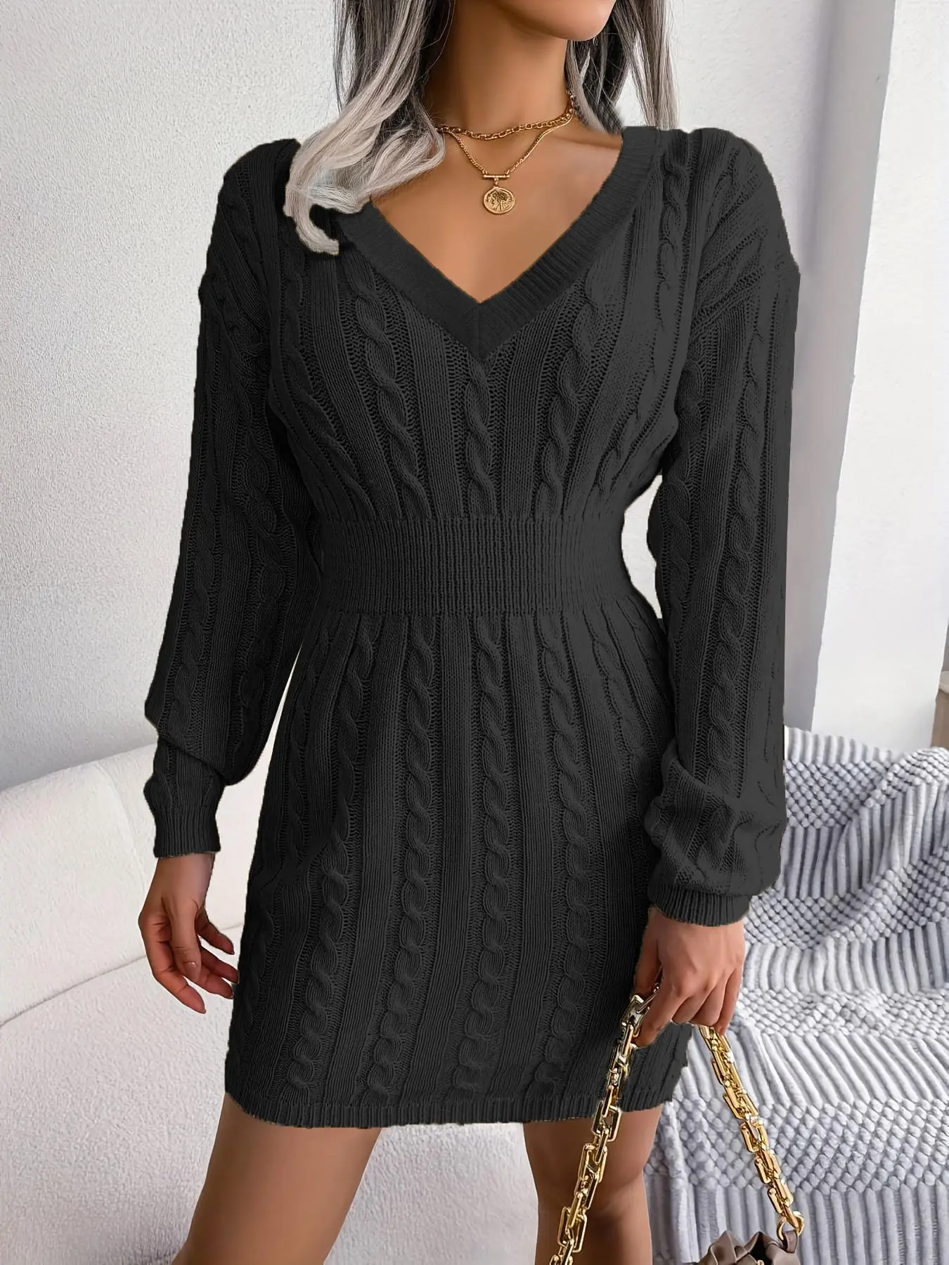 【Plus Size】 Solid Drop Shoulder V Neck Sweater Dress, Casual Long Sleeve High Waist Knit Dress for Fall & Winter, Women's Plus Clothing for Daily Wear