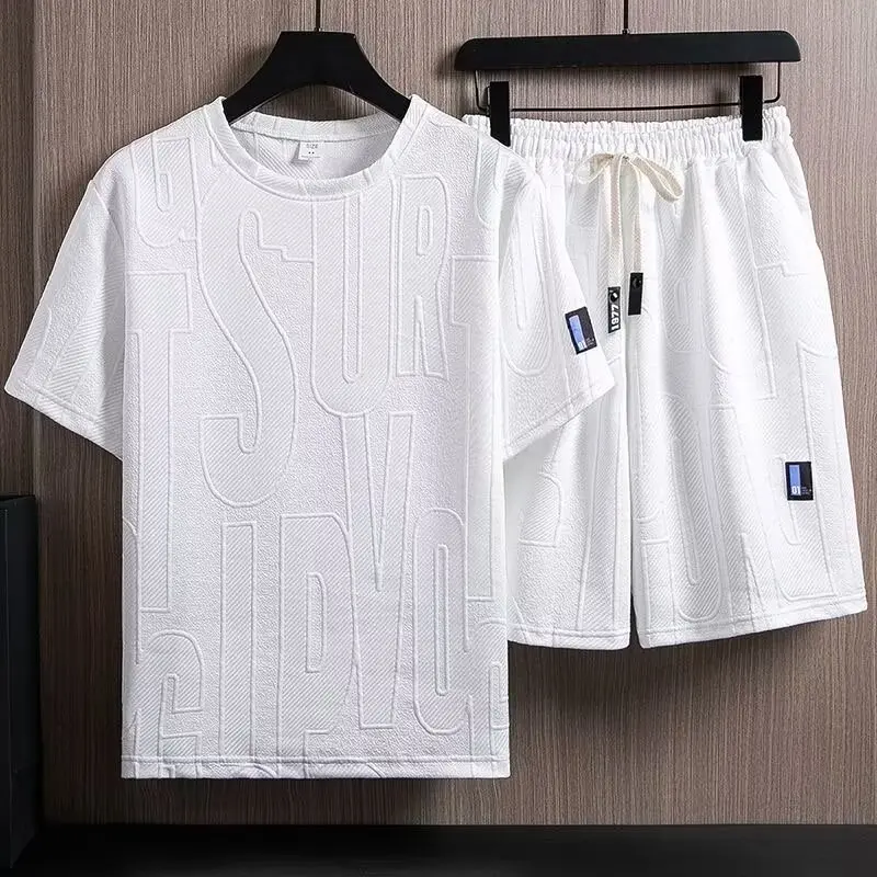 2025 Suit Men's Summer New Hong Kong Style Loose plus Size Jacquard Short-Sleeved Shorts Set Solid Color Printing All-Matching