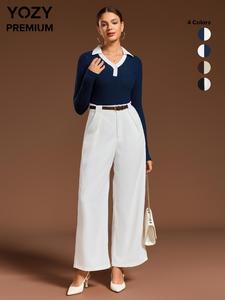 YOZY Valentine's Day Gift for Girl, Two-Piece Set Women's Button Bodysuit & Plain Belted Wide Leg Pants, Elegant Long Sleeve Bodysuit & Plicated Trousers Set for Work Office Business, Fall & Winter Outfits