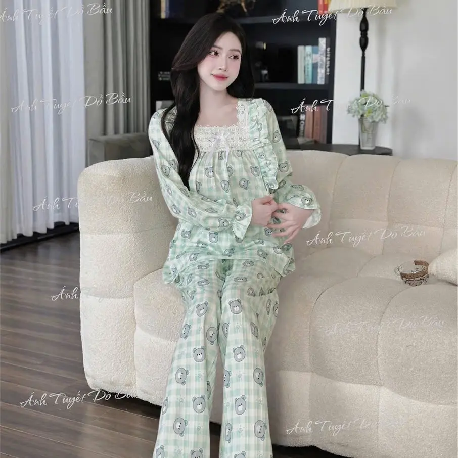Bộ bầu bộ sau sinh - BỘ ĐŨI GÂN DÀI CỔ VUÔNG REN NƠ NHIỀU HÌNH XINH - áo có khoá kéo quần có chun chỉnh tiện lợi
