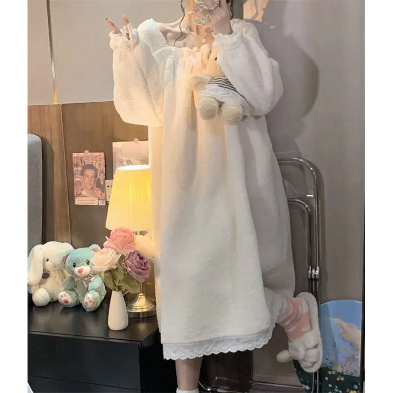 Váy Ngủ Lót Lông Cừu Cho Nữ, Bộ Đồ Phong Cách Hàn Quốc Mới, Dễ Thương Và Ngọt Ngào, Phong Cách Công Chúa, Ấm Áp, Loungewear, Mùa Thu Và Mùa Đông