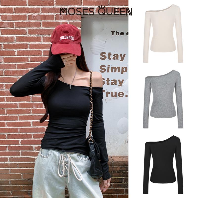 MosesQueen fashion long-sleeved solid color shirt, 2025 spring Vietnam store new casual design large round neck, women's simple and easy to match thin shirt, sexy slim women's tops #62269-62318