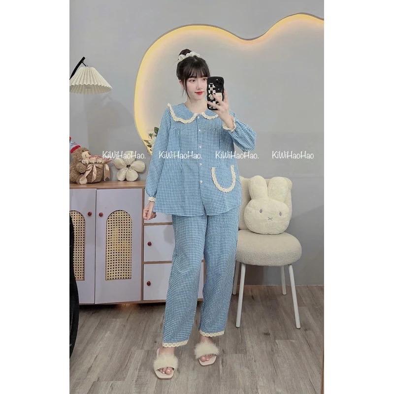 Bộ bầu bộ sau sinh - Bộ dài tay đũi kẻ xốp cổ sen viền ren 5