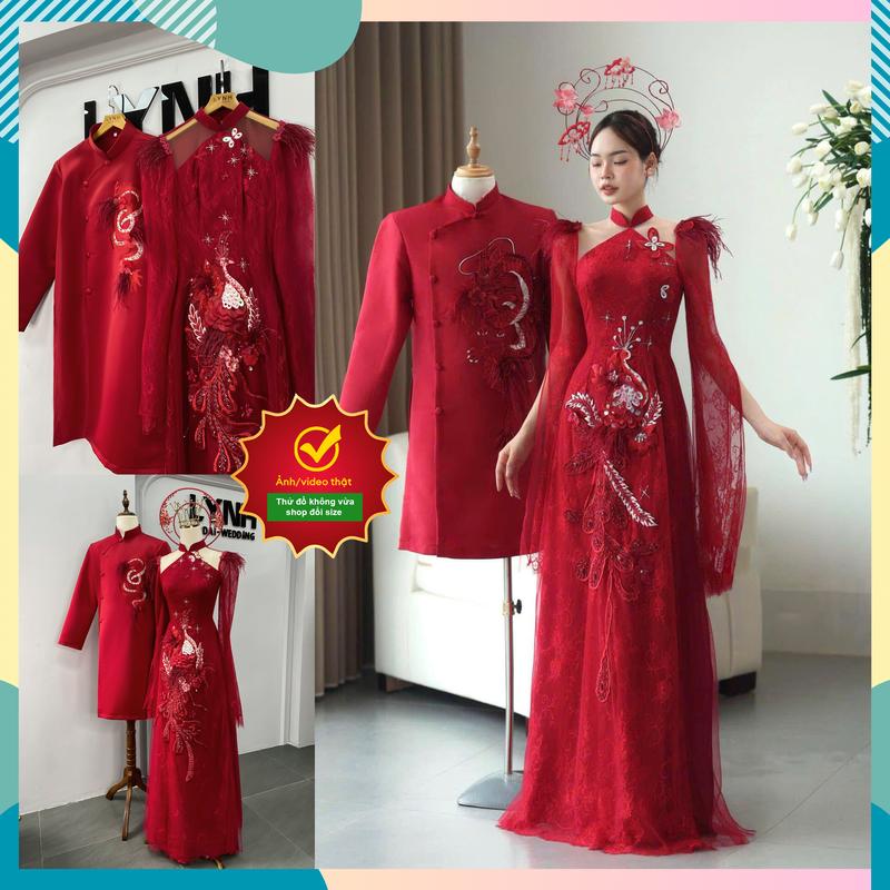 Áo Dài Cưới Cặp Đôi Màu Đỏ Họa Tiết - LONG PHỤNG 3 lớp 6 tà- Sang Trọng - Áo dài Lynh