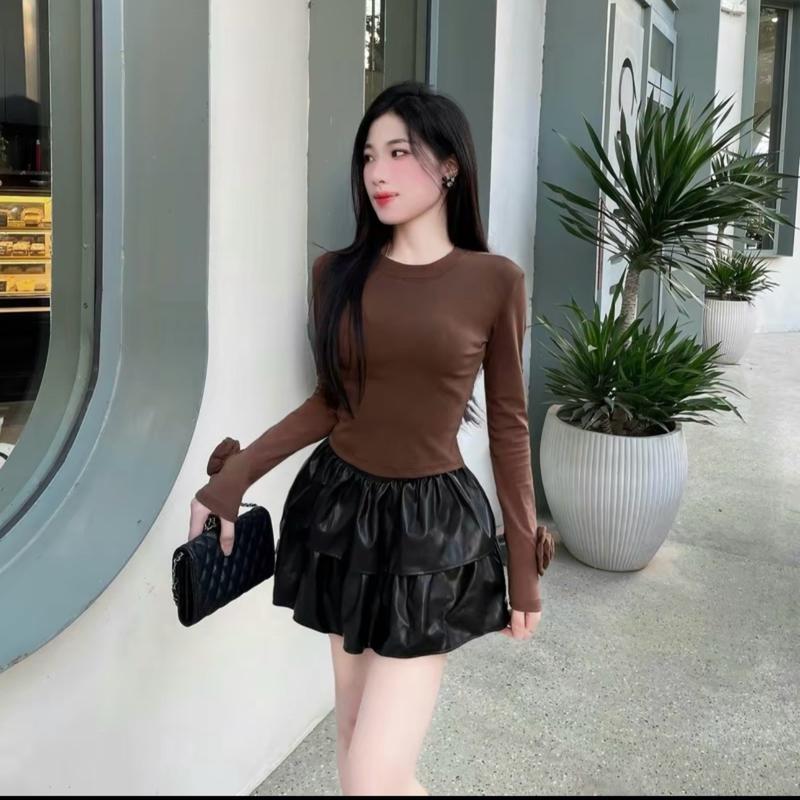 Siu phẩm . Áo bassic tay dài đính hoa sỏ ngón tay bigsize chất tăm xịn ( bigsize :40-90kg ) Cổ Tròn Women Top Nữ 5