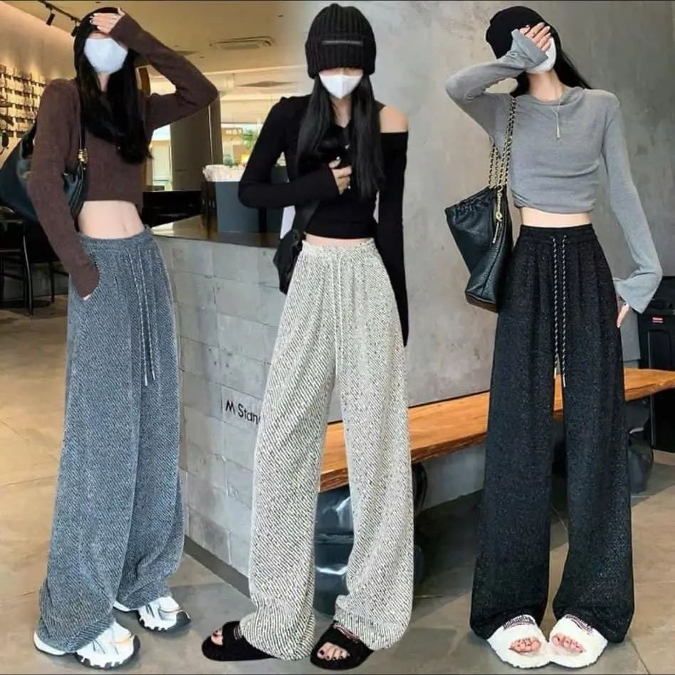 Quần dạ nhung chéo kim tuyến hot 2024 bốn màu đen , be, ghi, đỏ lấp lánh