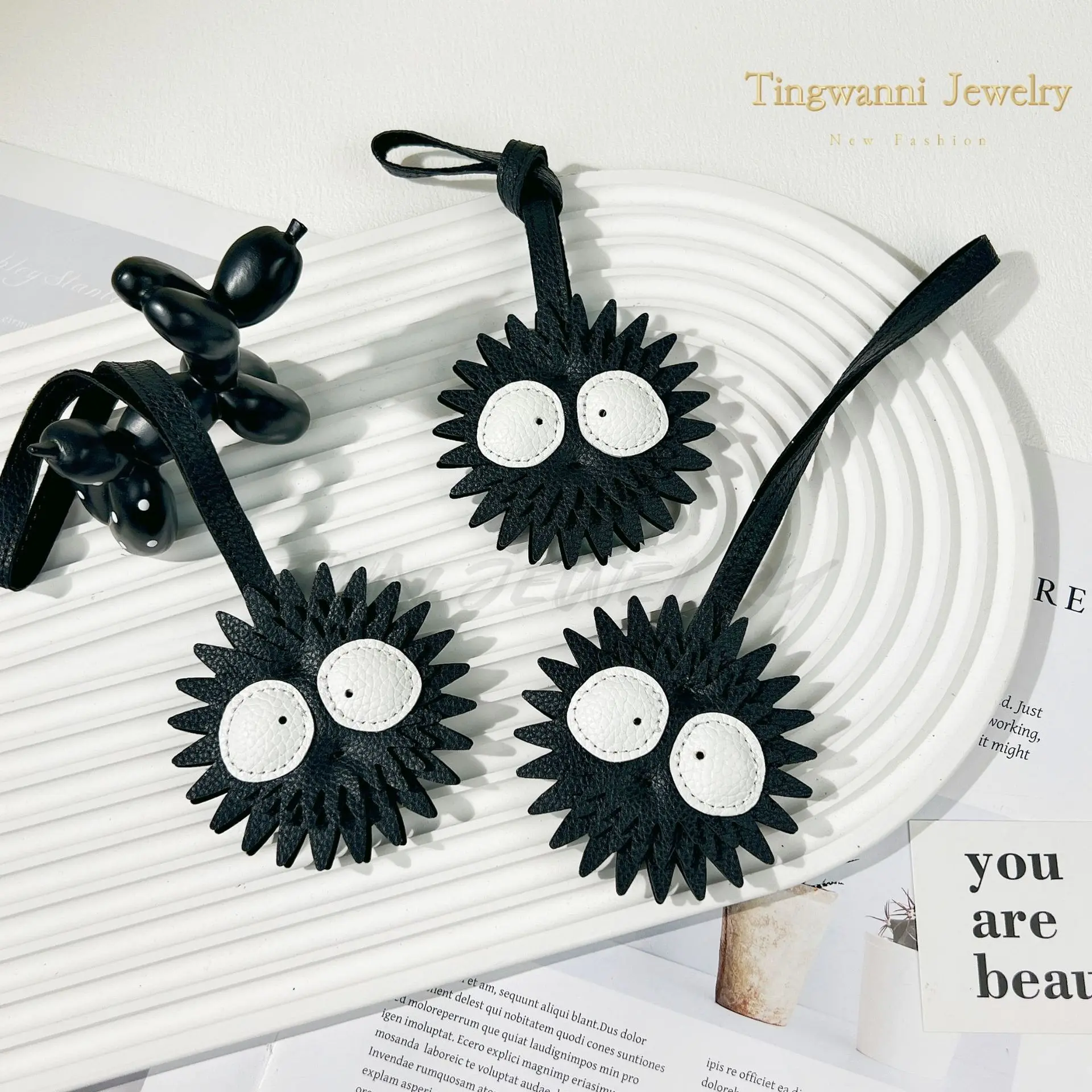 Handmade Black Coal Ball Leather Car Keychain Men's Bag Pendant Gift Personalized Simple Women's Trendy Ugly Cute Little Coal Ball,bag charms
