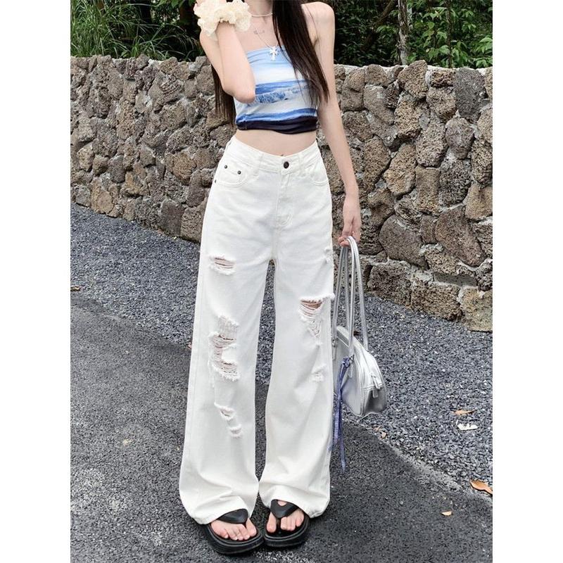 Quần Jean Ống Đứng Rách, Màu Trắng, Dành Cho Nữ, Thiết Kế Cạp Cao Mùa Hè Mới, Quần Dài Đến Sàn Ống Rộng Độc Đáo, Thời Trang Hợp Xu hướng Dễ Phối Đồ 1