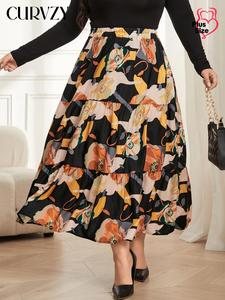 CURVZY Plus Size Floral Print Skirt, Casual Fashion Long Skirt for Daily Outdoor Wear, Women Plus Clothing for All Seasons