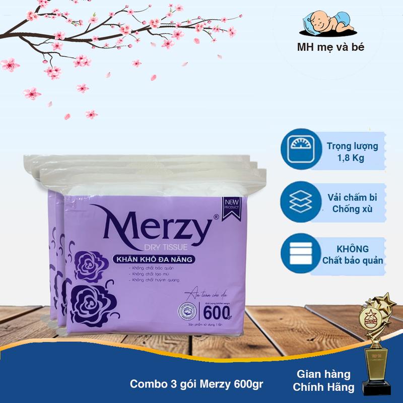 Combo 3 gói Khăn Khô Merzy 600gr, vải bi không xù, giấy ăn, giấy vệ sinh