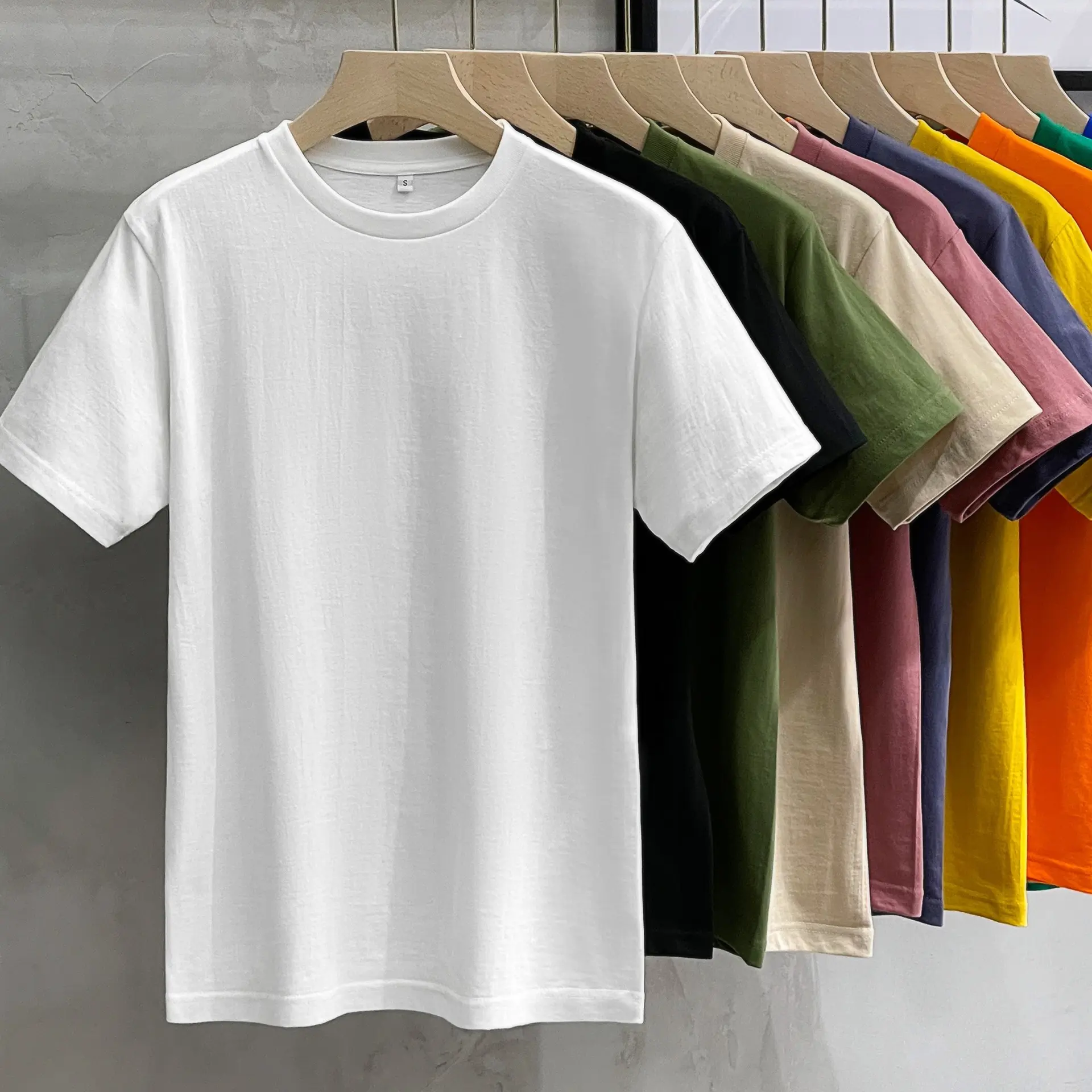 Japanese 200g heavyweight cotton short sleeved T-shirt men's round neck loose fit men's pure white
