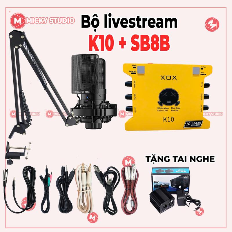  Bộ mic SM8B 2024 sourd card K10 có 16 chế độ vang dùng để livetream thu âm  dùng cho điện thoại và máy tính đầy đủ chân mic kẹp bàn nguồn 48v dây live dây nguồn usb tặng tai nghe 