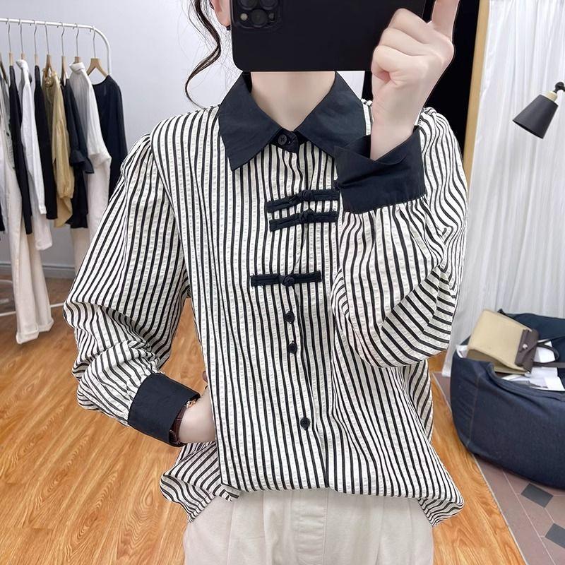 Áo Sơ Mi Sọc, Phong Cách Trung Quốc Mới Cao Cấp, Thiết Kế Nút Phong Cách Quốc Gia, Dành Cho Nữ, Dáng Rộng Vừa Vặn, Tay Áo Dài, Cổ Polo, Áo Đầu, Thích Hợp Cho Mùa Xuân 2