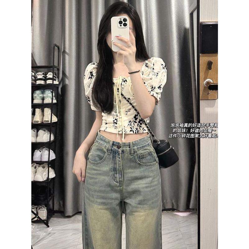 Quần Jean ống rộng lưng cao màu xanh cổ điển S28 Nữ Women Pants Denim 4
