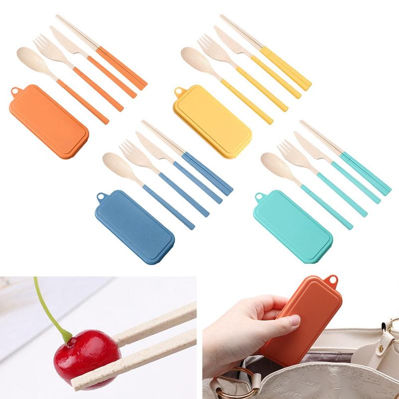 Wheat Straw 4PCS Chopsticks Set Spoon Utensil Box Tableware Dinnerware Set Fork Cutlery Set 1