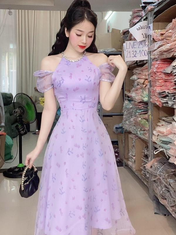 (Y48) Đầm xoè thiết kế tơ mềm dạng yếm tay bồng nhẹ che bắp tay vải mềm mặc mát đi tiệc đi chơi đều đẹp váy đi dự đám cưới đầm đi tiệc đi làm đi chơi by Thương Lê Y48