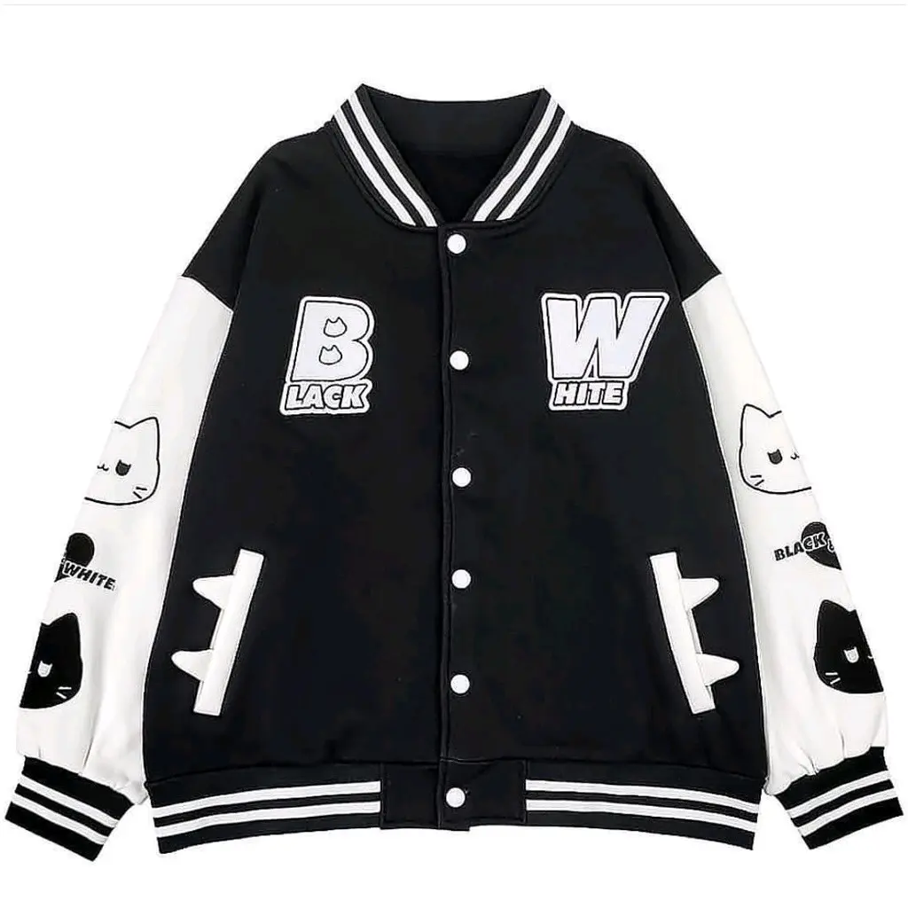 B W BLACK WHAITE JAKET WANITA - JAKET BASEBAL VARSITY TERBARU