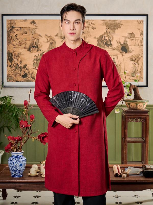 (Không Kèm Theo Quần) Áo Dài Nam Cách Tân Nút Bọc Vải Linen Thương Hiệu Mr Twins Menswear