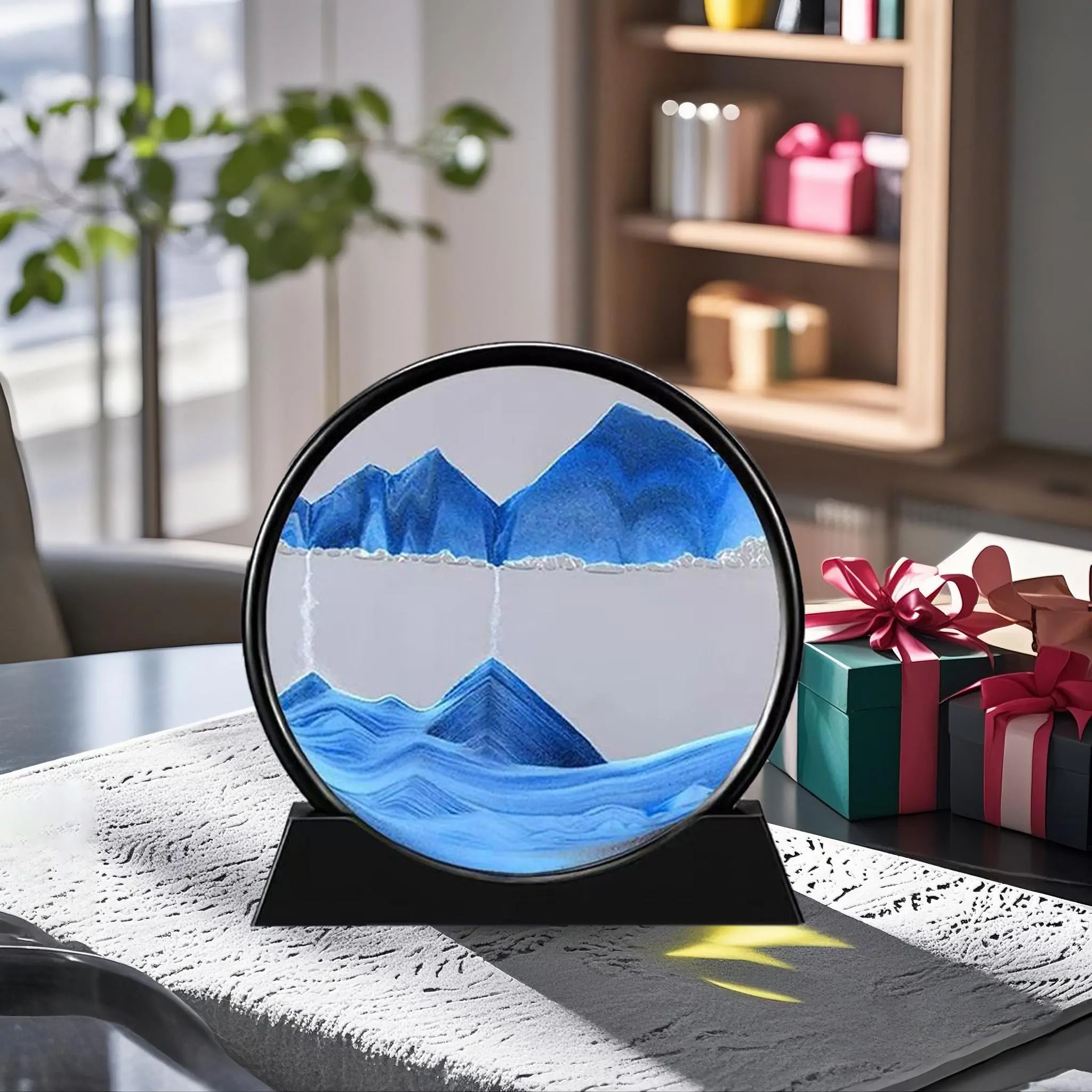 Creative 3D Moving Sand Art Decor, 1 Count Round Glass Flowing Sand Home Decor, Living Room Craft Ornament, Office Desk Circular Sand Art