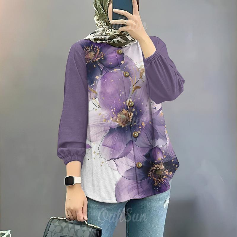 เสื้อเชิ้ต ผู้หญิงมุสลิม แฟชั่นฤดูใบไม้ผลิและฤดูร้อน คอกลม แขนยาว ...