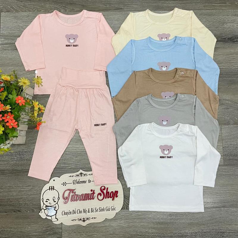 Bộ dài minky mom CÀI VAI cạp cao thun lạnh hình gấu, bộ thun lạnh dài tay cho bé
