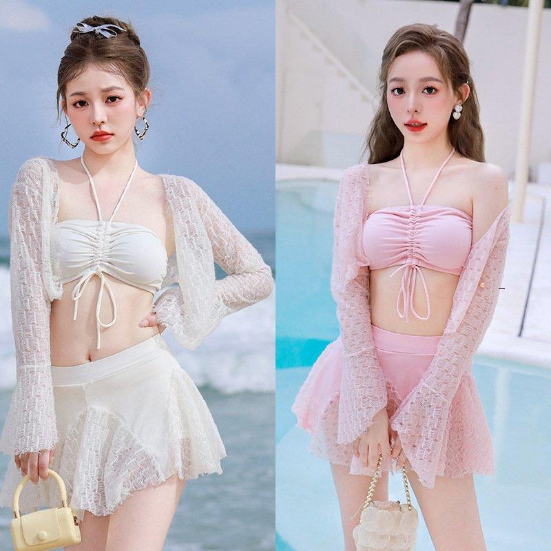 HOT 2024 Sét đi biển 3 chi tiết chân váy xòe kín đáo kèm áo choàng ren Nhung Kem Nữ Women 5