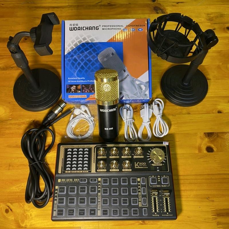  Bộ mic thu âm livestream BM900 và soundcard K300 kèm tai nghe,kẹp mic,kẹp điện thoại 