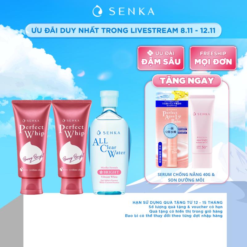 Date T5 2025 Bộ ba Sữa rửa mặt sạch sâu sáng hồng Senka Berry 100Gx2 & Nước tẩy trang sáng da Senka White 230ML