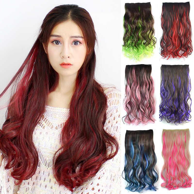 Long Curly 5 Clip In Extension High Temperature Synthetic Brown Mixed Green Blue Pink red Hair Piece 3