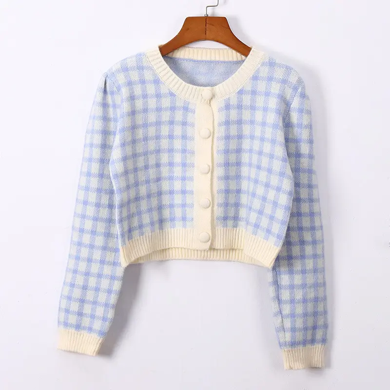TELLY 079 Kardigan Cardigan Long Sleeve Knit Pakaian Wanita Cardigan Motif Kotak-Kotak Baju Kancing Lembut Panjang   Sweater Knitwear Atasan 2