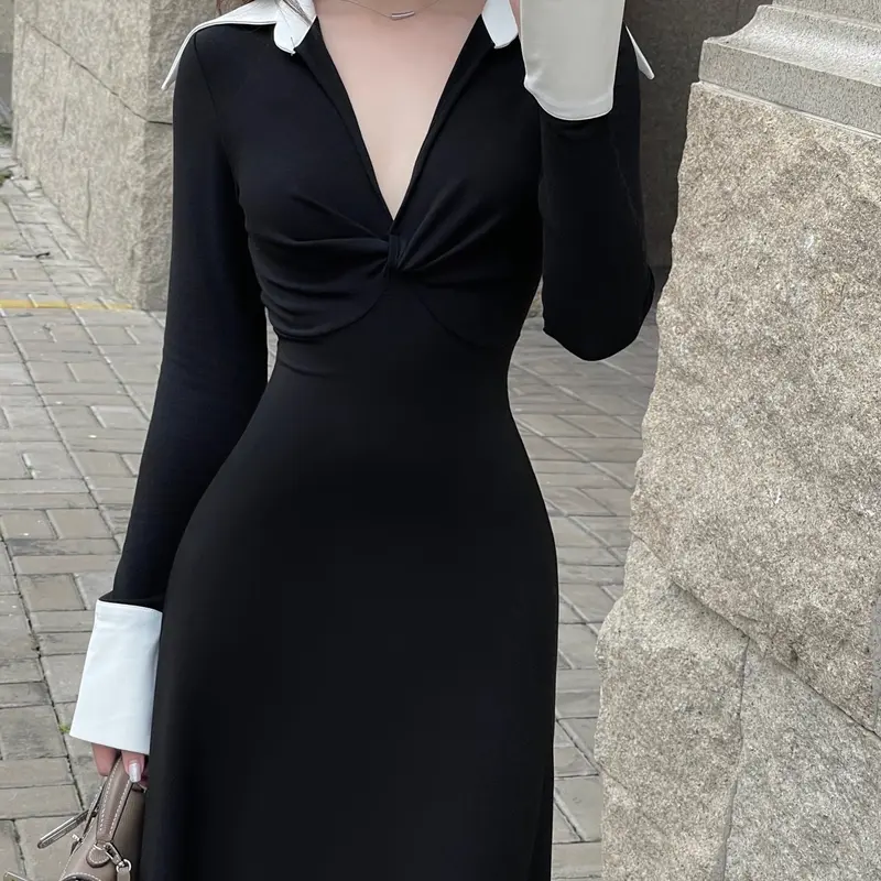 COCOMAY Đầm maxi xoắn ngực tay dài phong cách Nữ Women Dress Đen - Đỏ 1