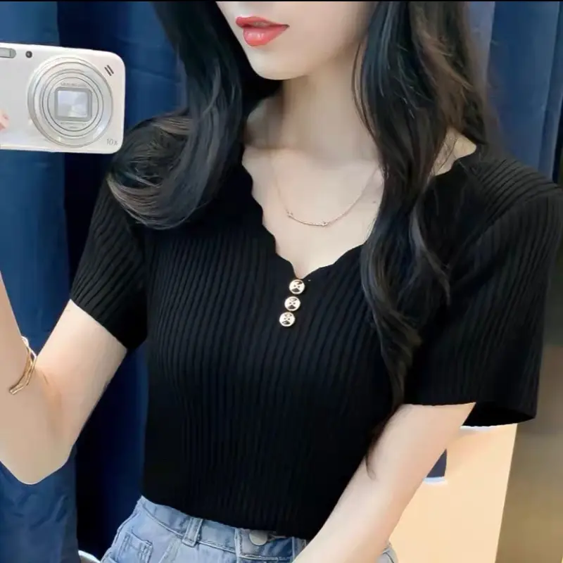 ATASAN RAJUT WANITA (kancing) Baju Rajut turtleneck Wanita Kaos kerah Wanita Lengan pendek 2