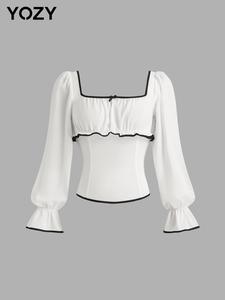 YOZY Women's Colorblock Bow Decor Frill Trim Blouse, Casual Long Sleeve Zipper Back Top for Spring & Fall, Women's Clothing for Daily Wear